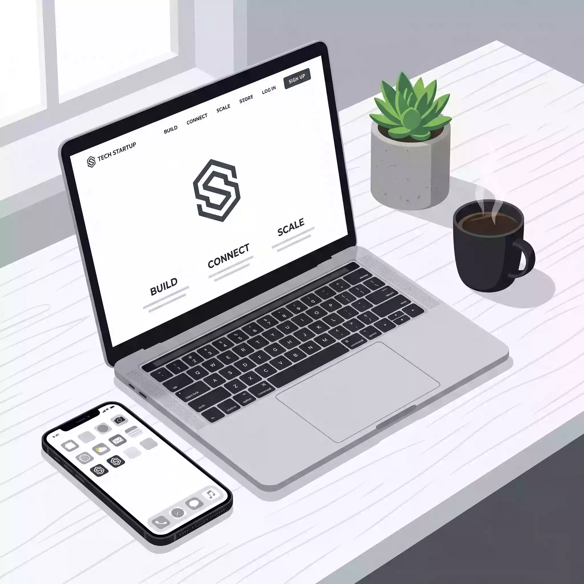Tech startups and apps using minimal logos across devices